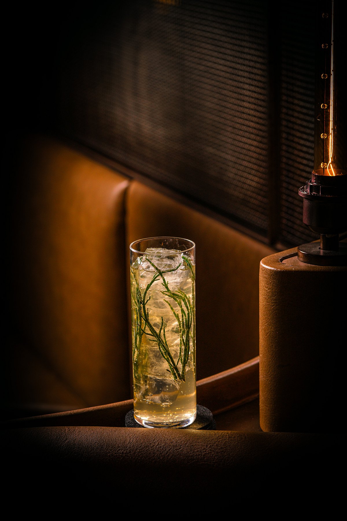 Gin rickey (peach, parsley, banana miso, champagne, and gin). 
